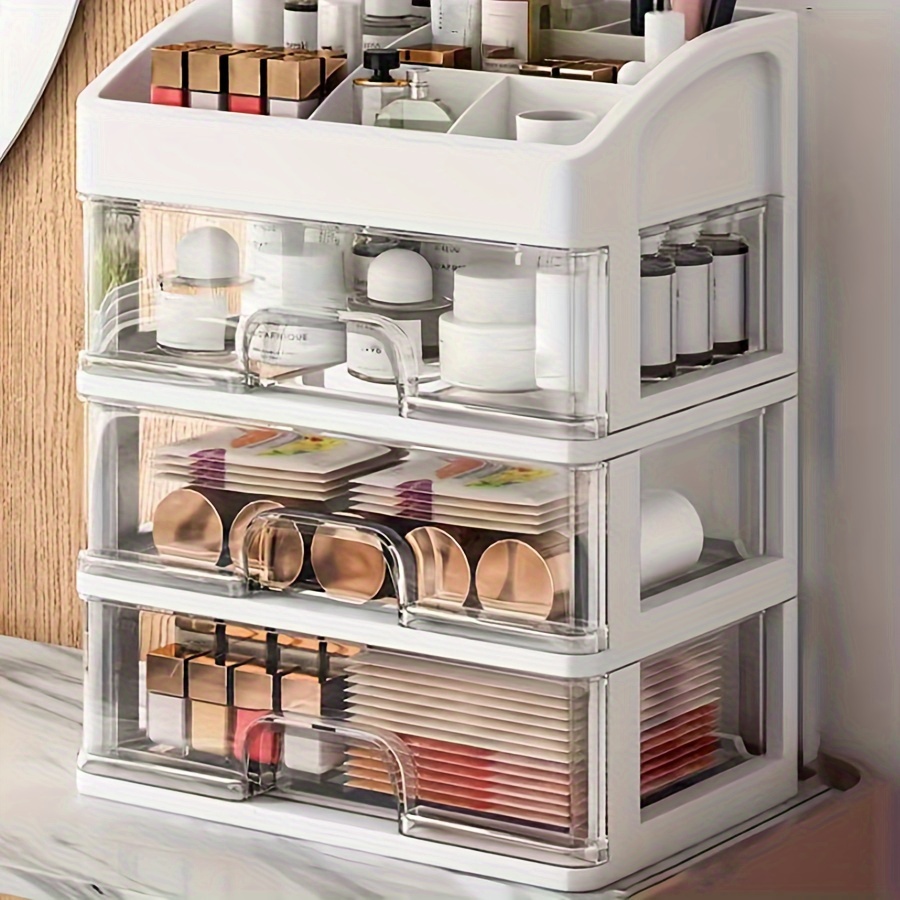 

Expandable 4-layer Cosmetic Organizer With Drawers - Large Capacity Plastic Makeup Storage For Vanity, Countertop Organizer For Bathroom Accessories, Perfumes, Lipsticks, Jewelry, Brushes & Stationery