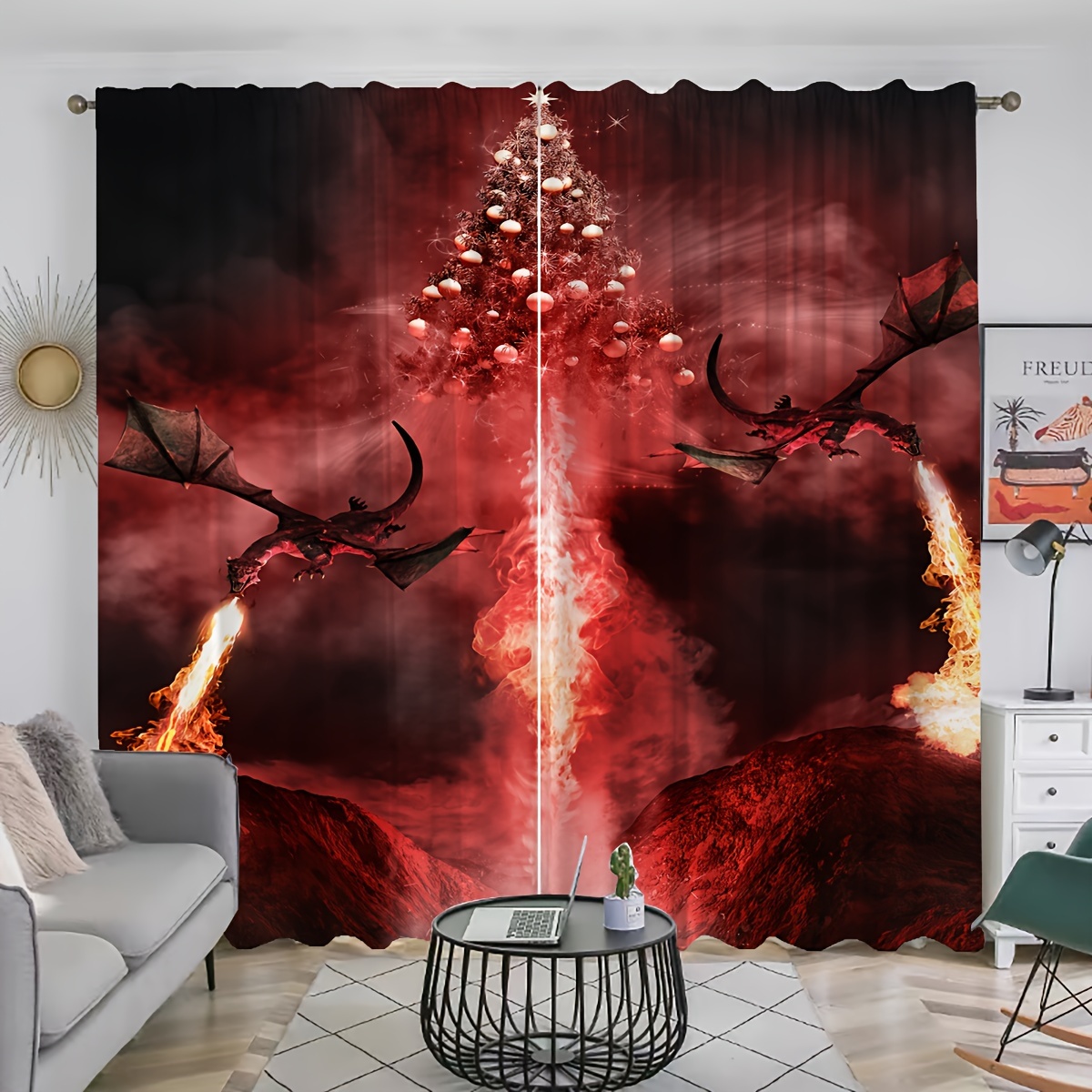 

2pcs, Dragon Printed Curtains, Rod Pocket Curtain, Suitable For Restaurants, Public Places, Living Rooms, Bedrooms, Offices, Study Rooms, Home Decoration