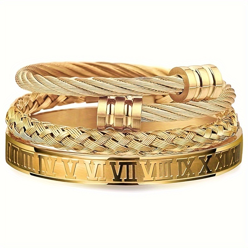 

3pcs Stainless Steel Bracelets For Men Golden Roman Numeral Bangle Bracelet Twisted Cable Bracelet Adjustable Cuff Bracelet Mens Bracelets Gifts