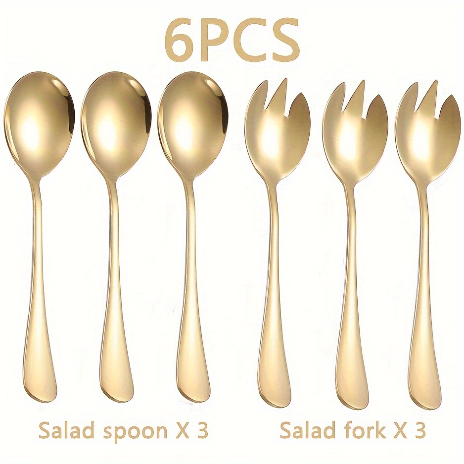 TEMU Set Of 6 Salad Serving Utensils, Premium Stainless Steel Salad Spoon And Fork Set, 7.87-inch Western-style Fruit And Vegetable Mixing Spoons
