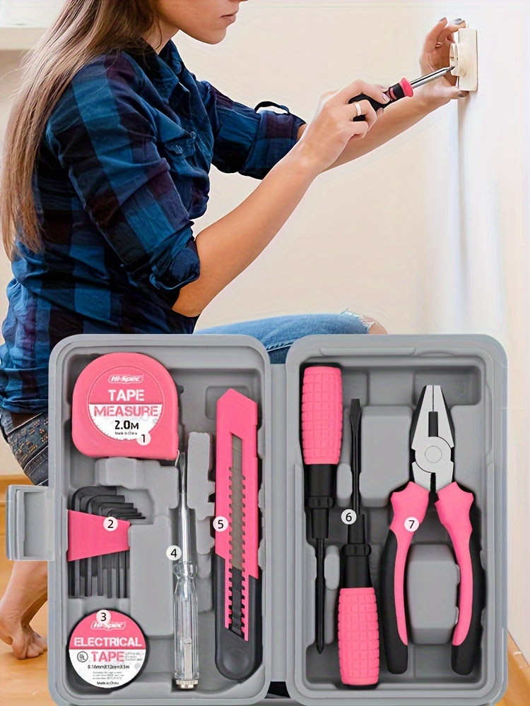 pink home hardware set pliers tape measures hammers home repair kit set details 3