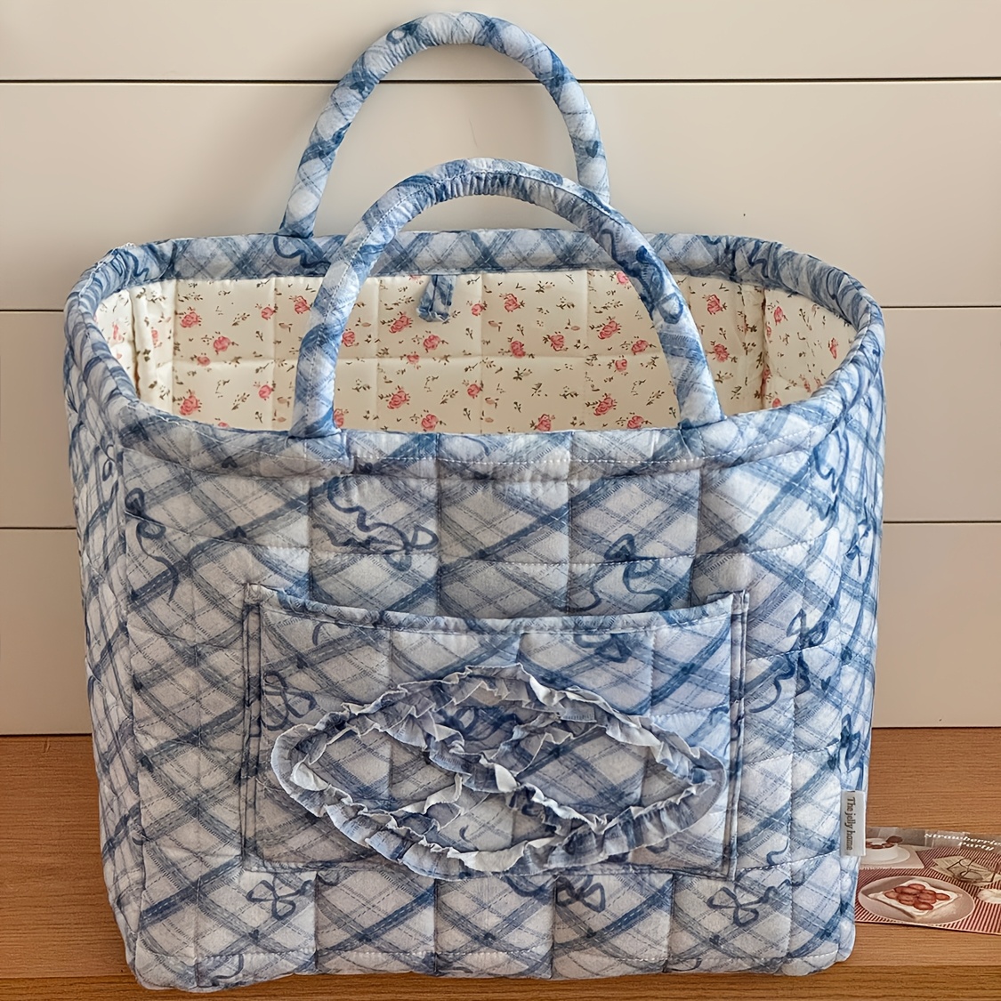 TEMU Panier de Rangement Matelassé à Carreaux Grande avec Poche à Volants et Poignée à Nœud - Bac Adapté , de Bain, - Panier Multi- pour Produits de
