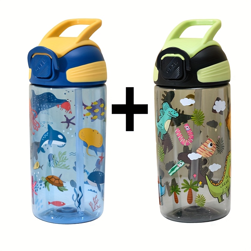Image of 2pcs, 550ml/18.6ozcute Cartoon Plastic Water Cup With Straw, Portable Sports Water Bottle, Suitable For Outdoor Camping Travel