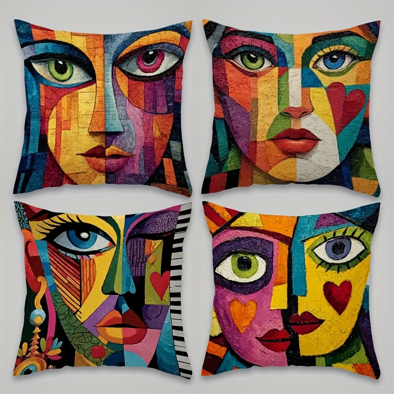 TEMU 4pcs Cubist Art Face Pillow Cover, An Garde Art , Machine Washable, Zipper Closed, Polyester Fiber, Suitable For Sofa, Terrace, Porch, Living