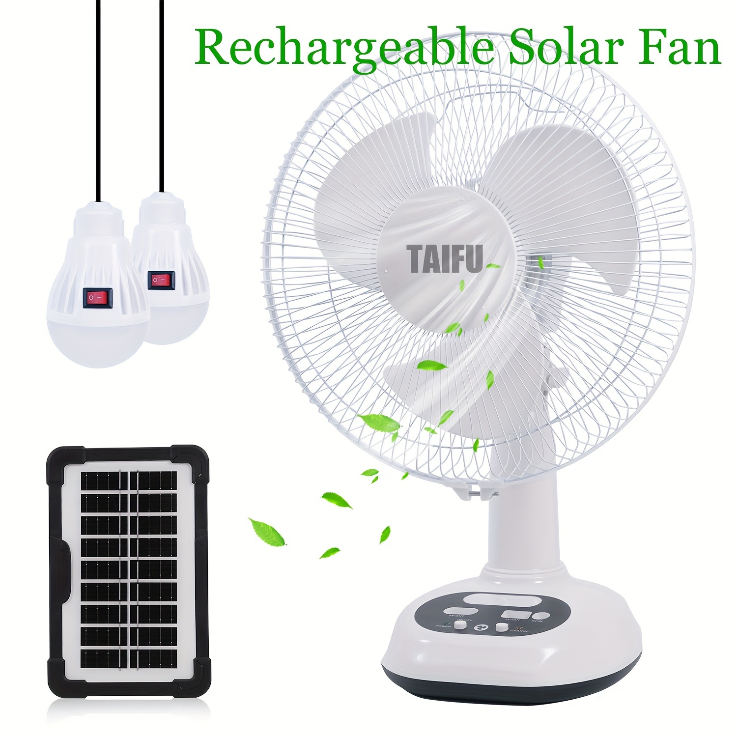 12 inch rechargeable fan ac solar fan left and right shaking head rechargeable fan with solar panel usb port led light and 2 free bulbs details 1