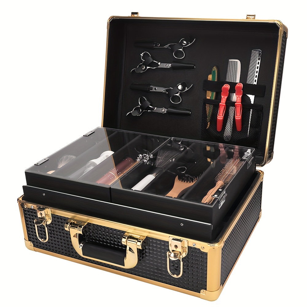 professional hair styling kit luxurious golden and black travel case for hairdressers includes scissors combs brushes and more details 2