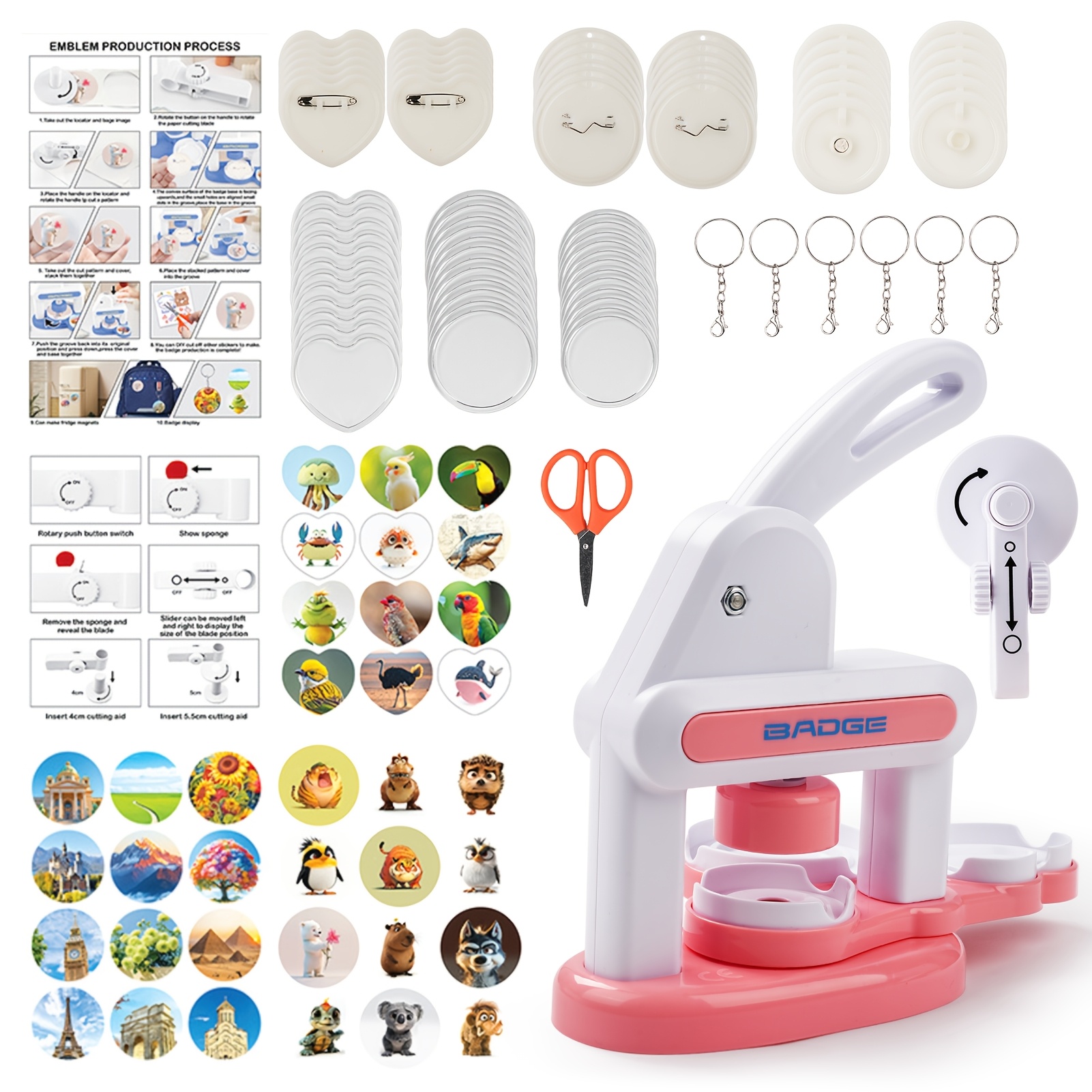 TEMU 86pcs Button Maker Machine With 3-pin Sharp Badge Press & Button Parts Suitable For Christmas Gifts, Diy Pin Badge Press Machine For Round/heart