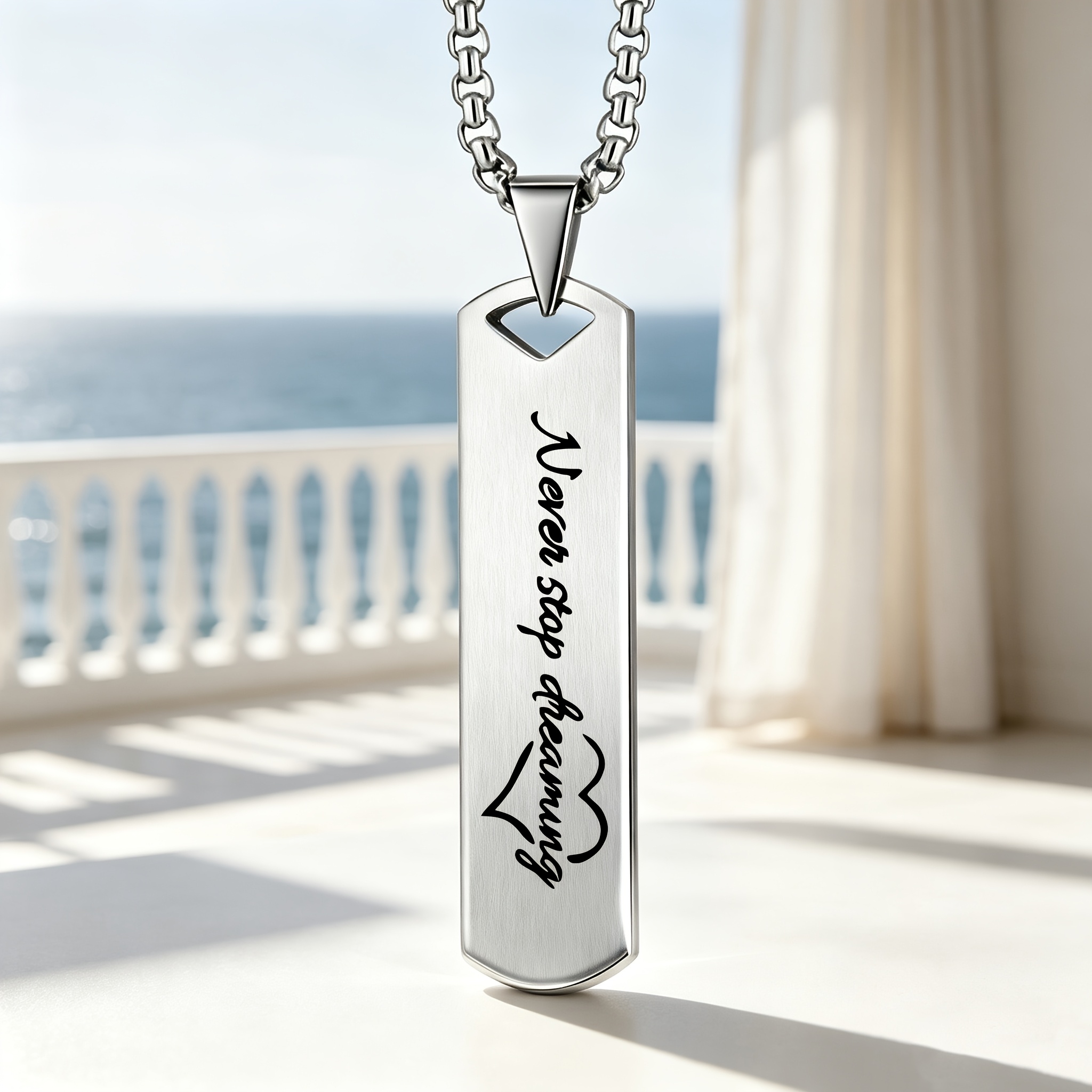 "Never Stop Dreaming" Inspirational Cursive Pendant Necklace