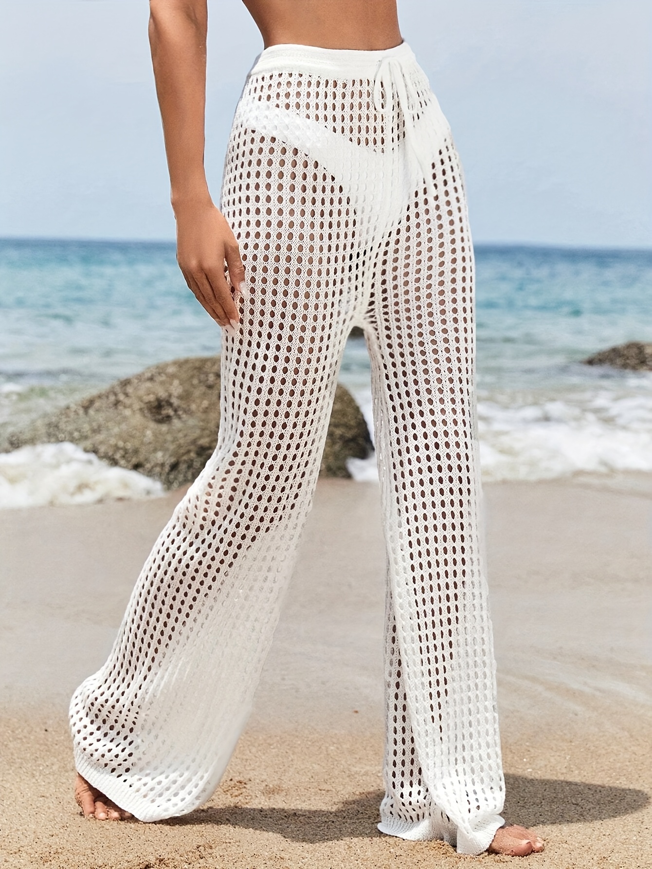 White Sheer Palazzo Pants With Shorts White Guipure Lace Panel Tulip Hem  High Waist Pants