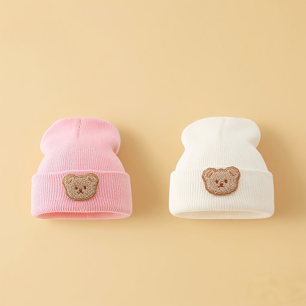 Image of 2pcs Cute Bear Accessory Baby Knit Beanie, Outdoor Warm Hat, Cold Knit Cap, Good Elasticity, Lightweight And Comfortable, Wear, Unisex Gift, Suitable For 0-3 Years Old