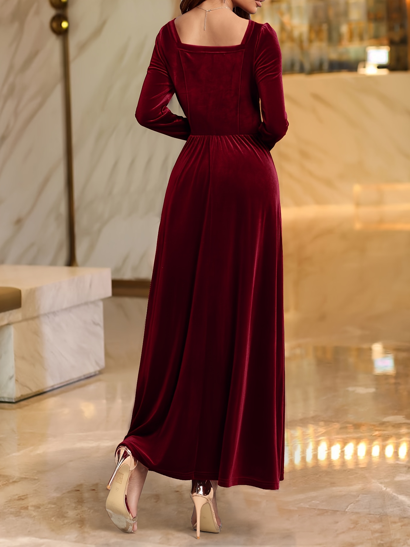 elegant vintage french neck long dress solid - Temu Netherlands