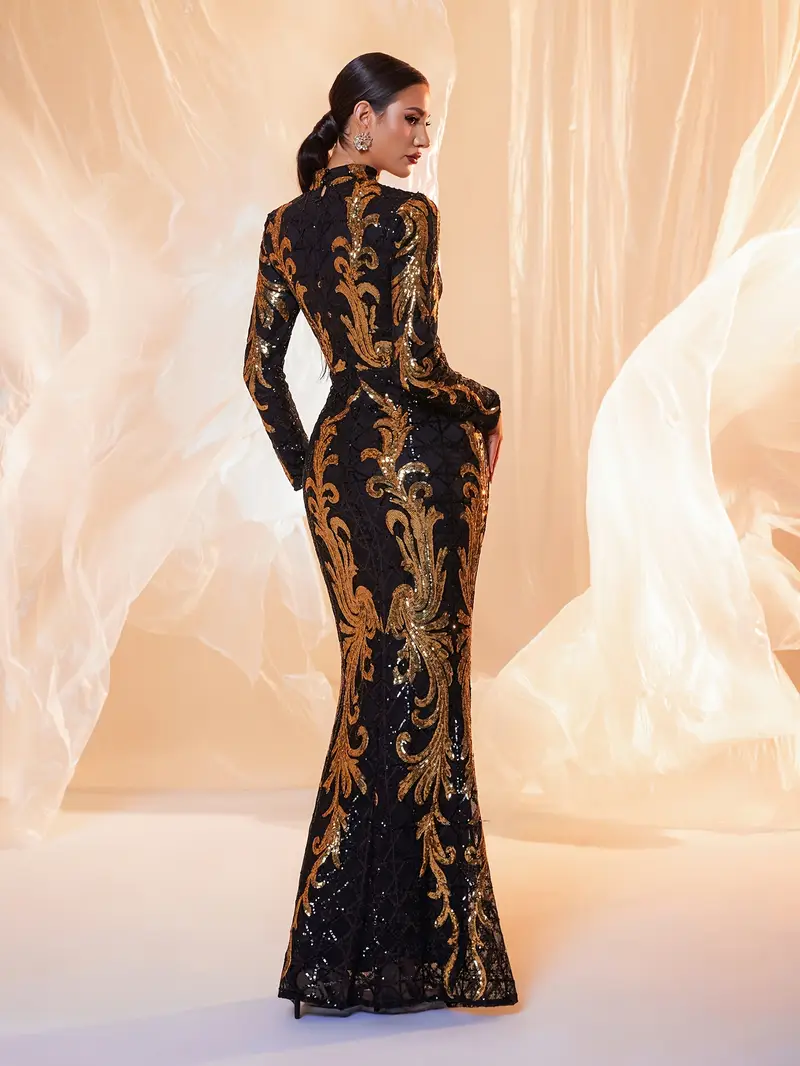 black long sleeve dress gold detail Black and Gold Long Sleeve Formal Dress 36716