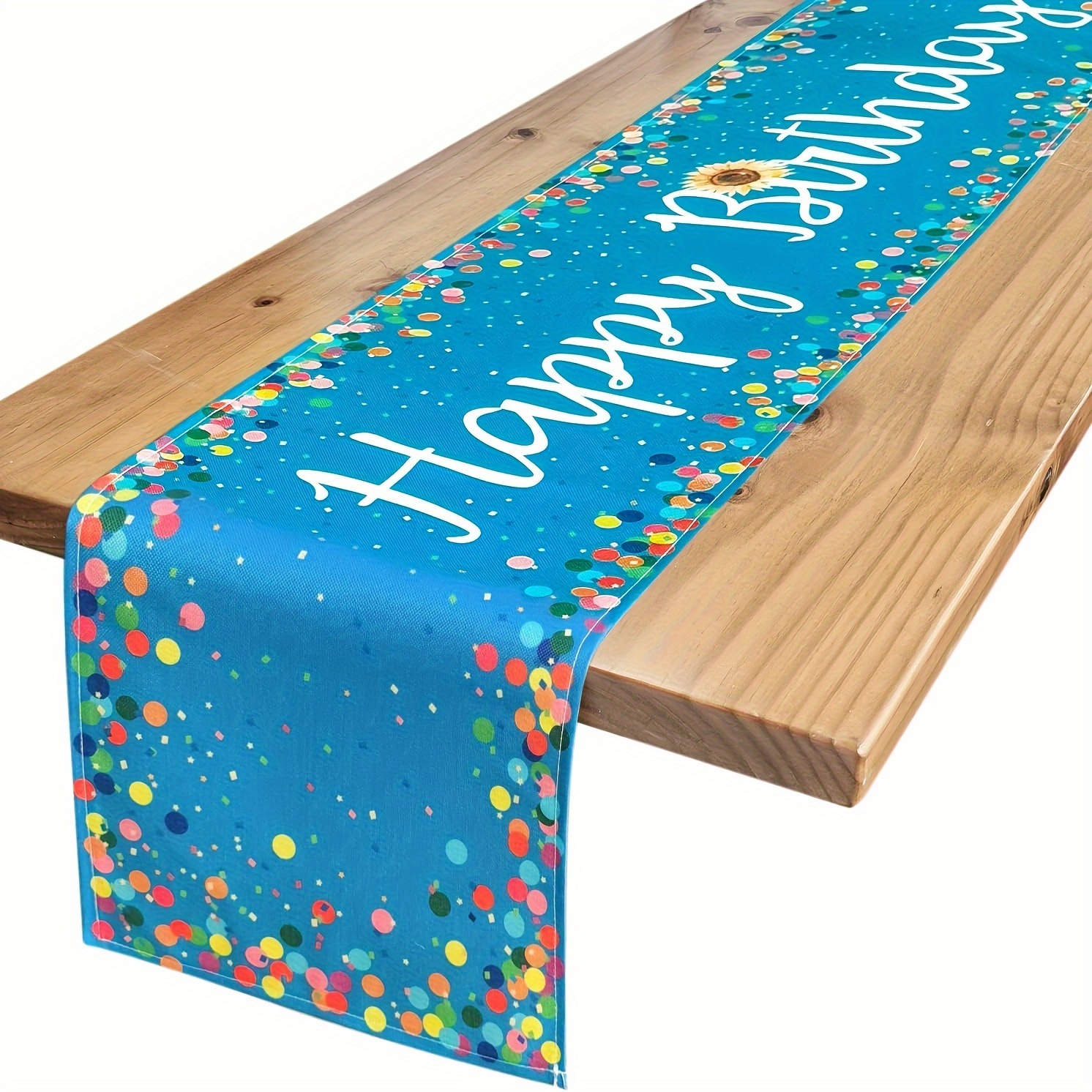 

1pc, Linen Table Runner, Happy Birthday Theme Table Runner, Ocean Theme Party Decor, Blue With Colorful Confetti Design, For Birthday Celebration