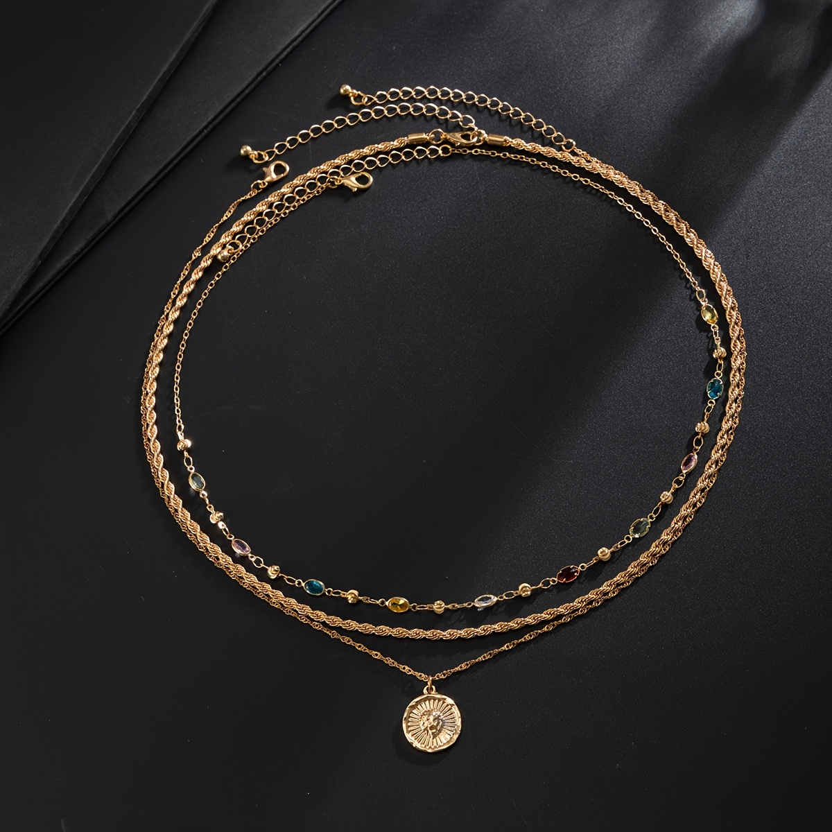 TEMU Juego de 3 piezas de collar para hombre de lujo con cadena dorada trenzada y colgante de sol : cadena trenzada + cadena + cadena con colgante de
