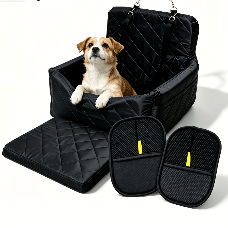 Image of Car-mounted Pet Seat Pet Dog Car Seat Booster With Safety Belt, Portable Travel Car Carrier Seat With Removable Cushion, Bonus 1pc Pet Grooming Mitts For Small To Medium Pets