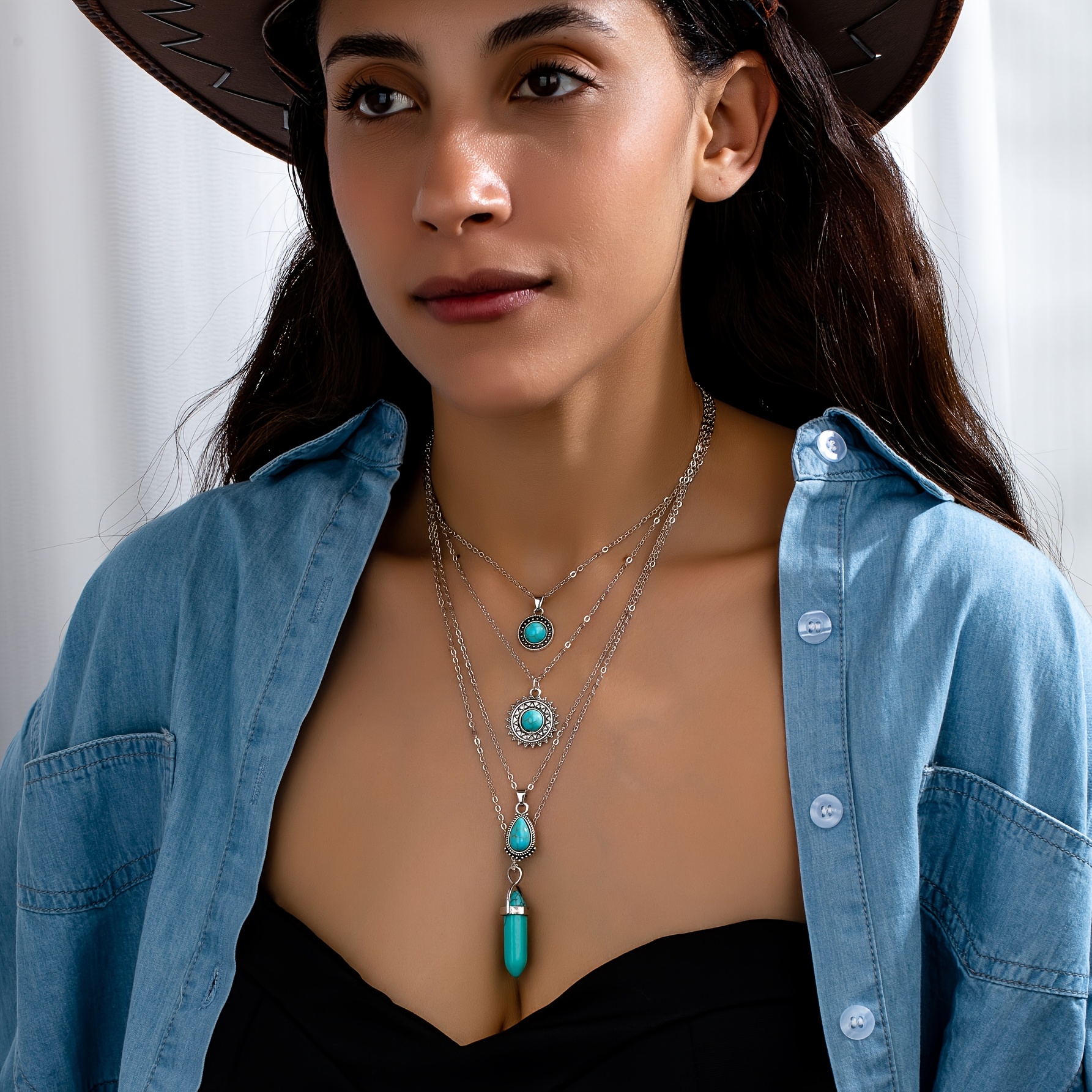 

4 Exaggerated Retro Western Cowboy Style Turquoise Water Drop Round Geometric Four-layer Pendant 4 Straps Set Women' Necklace