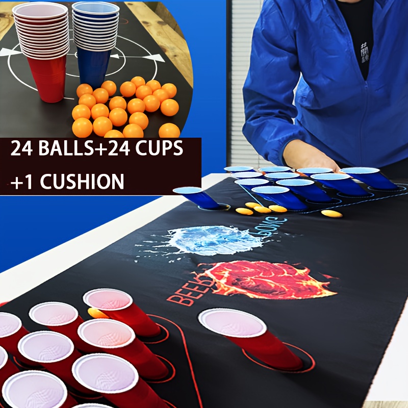 49-delige bordspelset met 1 speelmat, 24 gele pingpongballen, 12 rode bekers, 12 blauwe bekers – Perfect voor feestjes, teambuilding, bruiloften – Ideaal cadeau voor Kerstmis, Halloween, Nieuwjaar, Valentijnsdag en feestevenementen