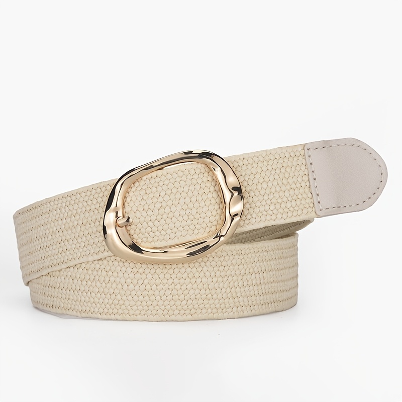 TEMU 1pc Fashion Bohemian Style Pp Grass Braid Elastic Waist Belt, Round Buckle Design, Suitable For Women's Dresses