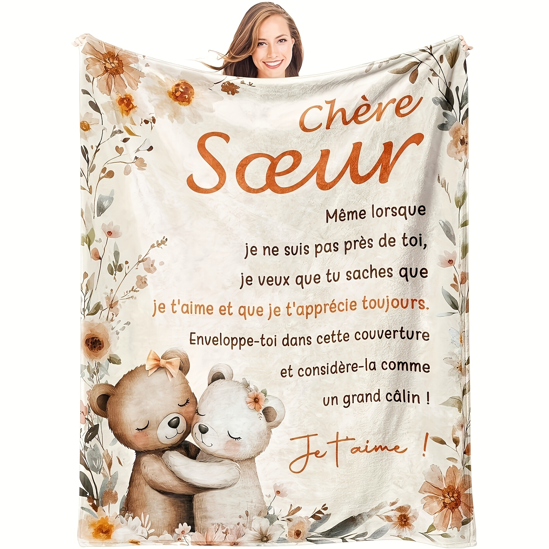 TEMU Couverture 1 pièce en flanelle douce et chaude - Motif ours en peluche floral et française pour sœur "Chri Sur", plaid toutes saisons, literie