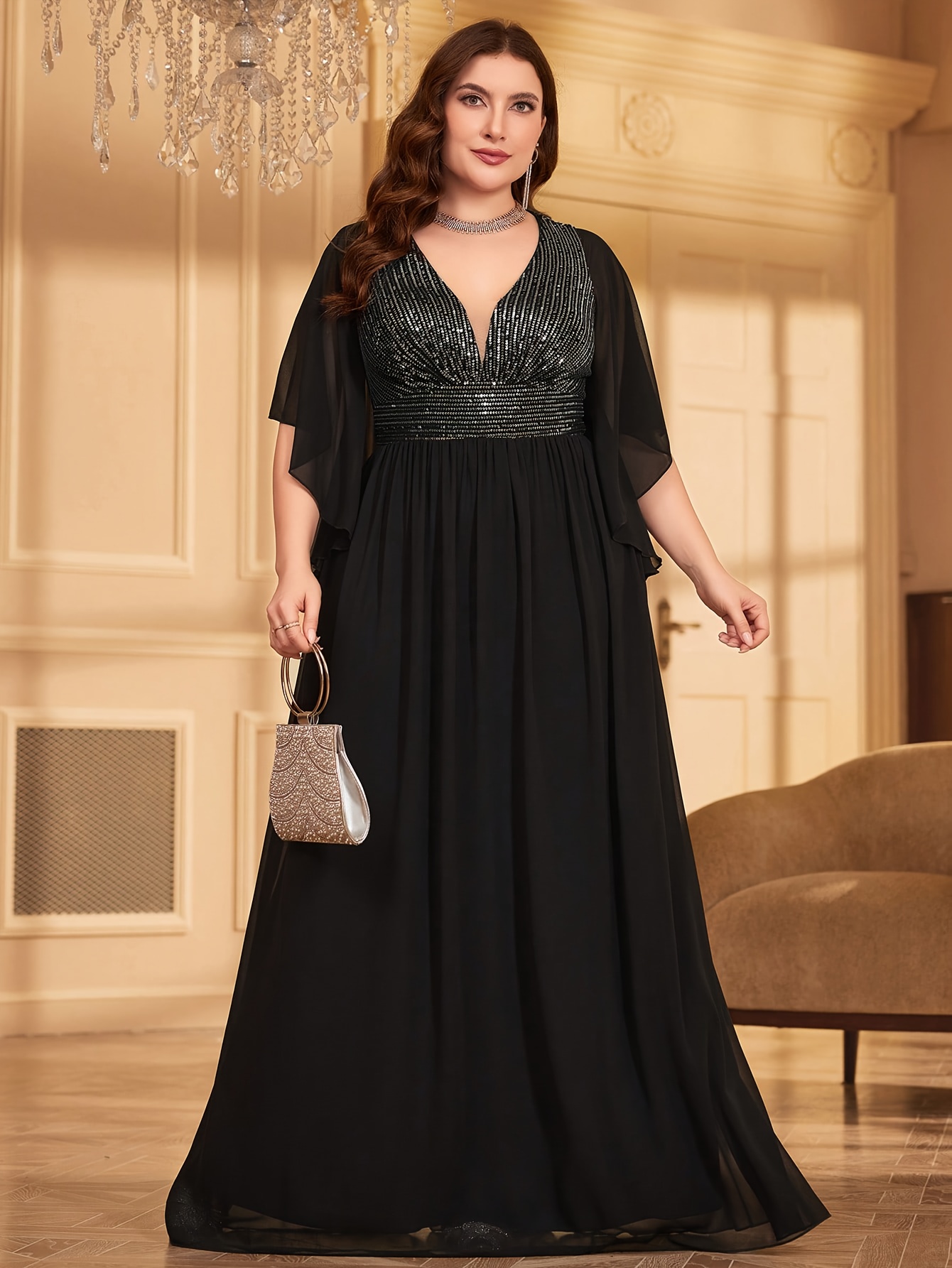 Plus Size Embellished Lace Detail Chiffon Maxi Dress Women's