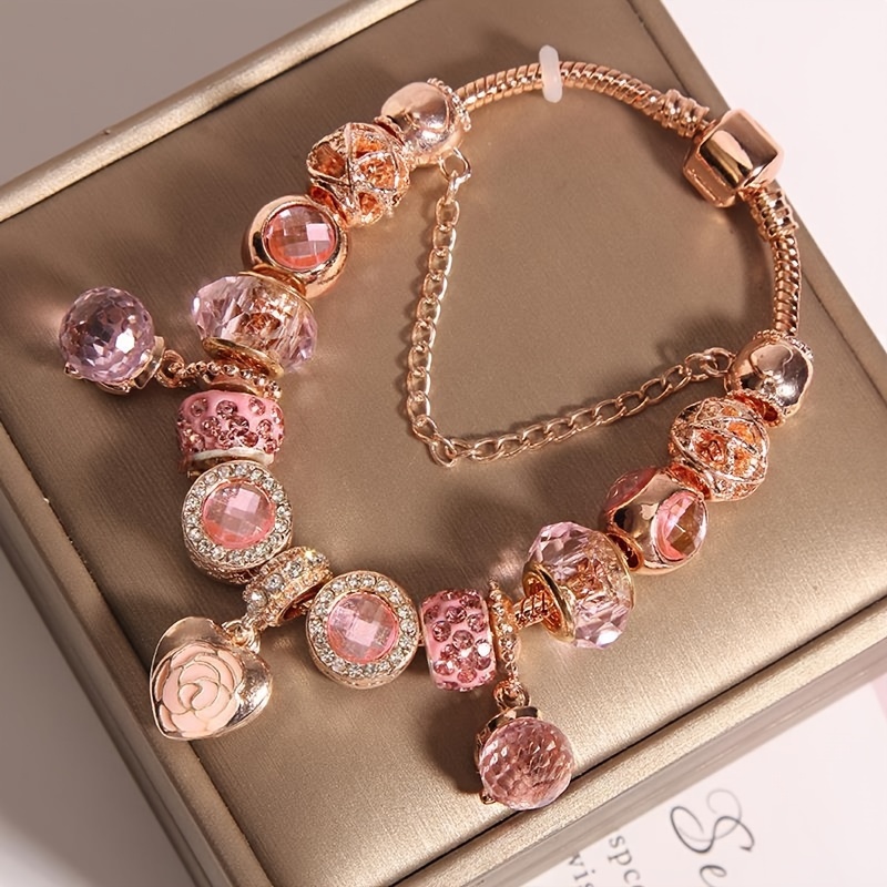 

Pink Rose Petal Bracelet Set With Charms And Adjustable Golden Snake Chain - Perfect Gift For Mom, Daughter, Sister, Or Girlfriend On Valentine's Day, Birthday, Christmas, Or Anniversary