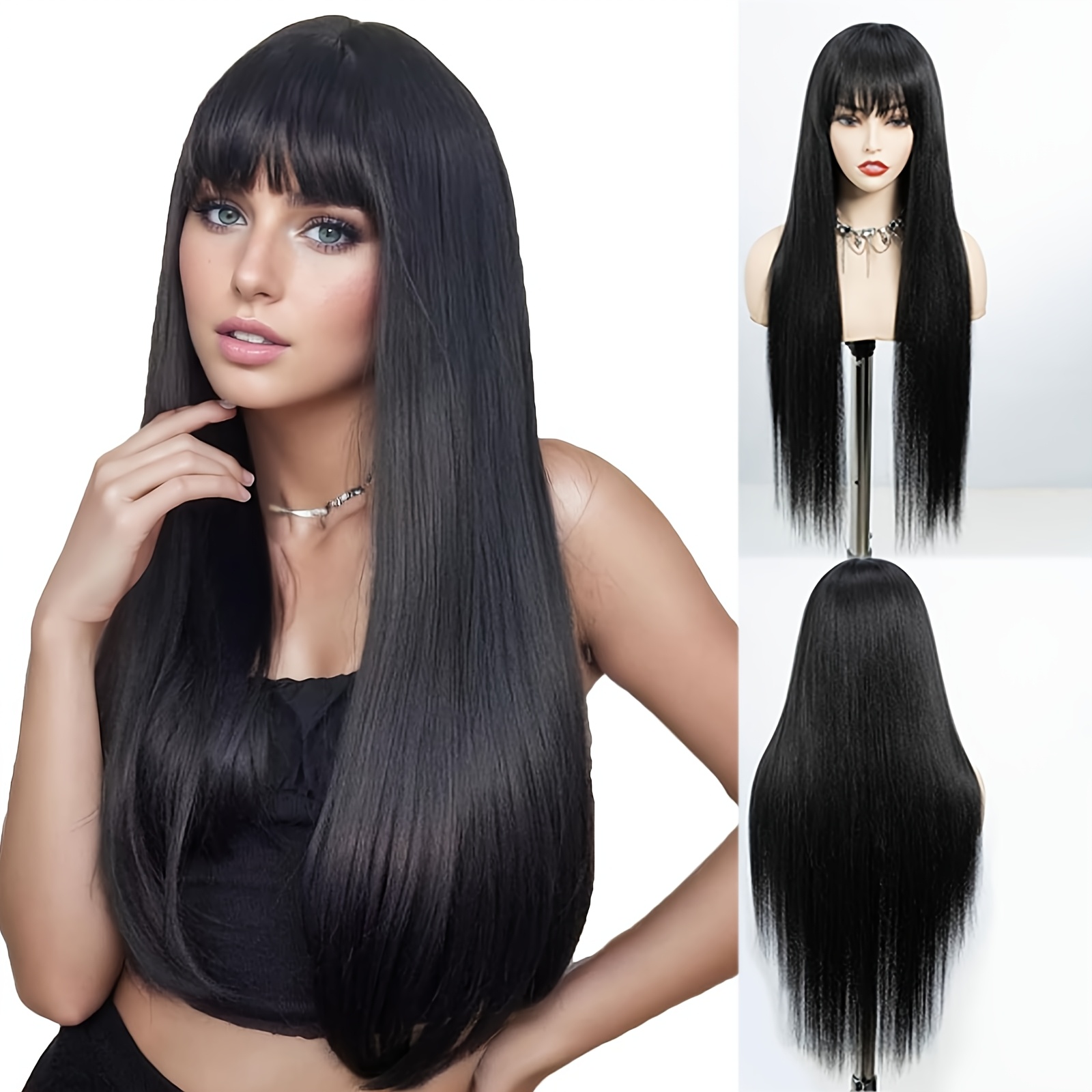 TEMU Black Bangs 28 "straight Hair Wig Fashion Temperament Elegant Wig Everyday Party Wig Christmas Holiday Party Wig