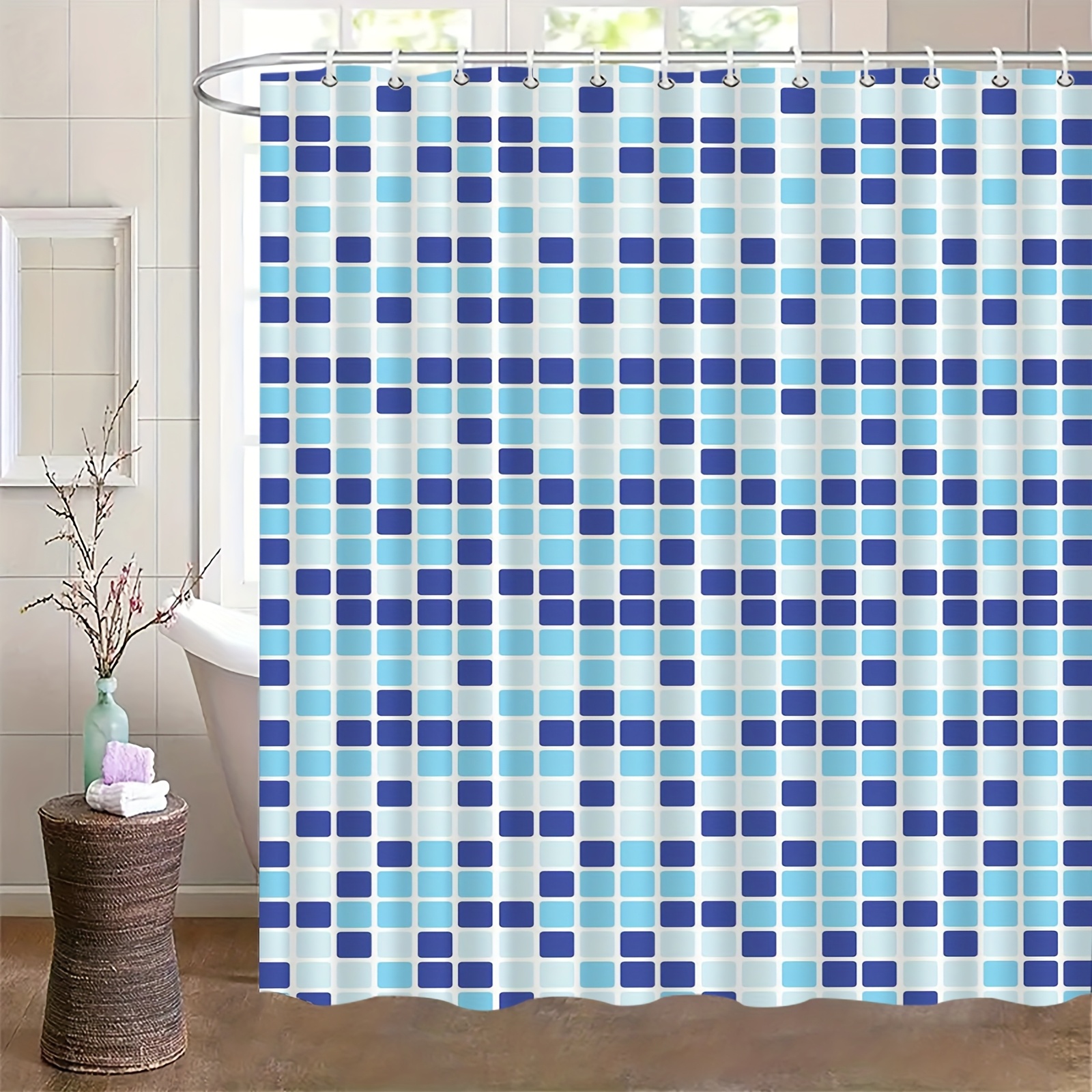 Blue and White Square Pattern Shower Curtain with Hooks, Washable