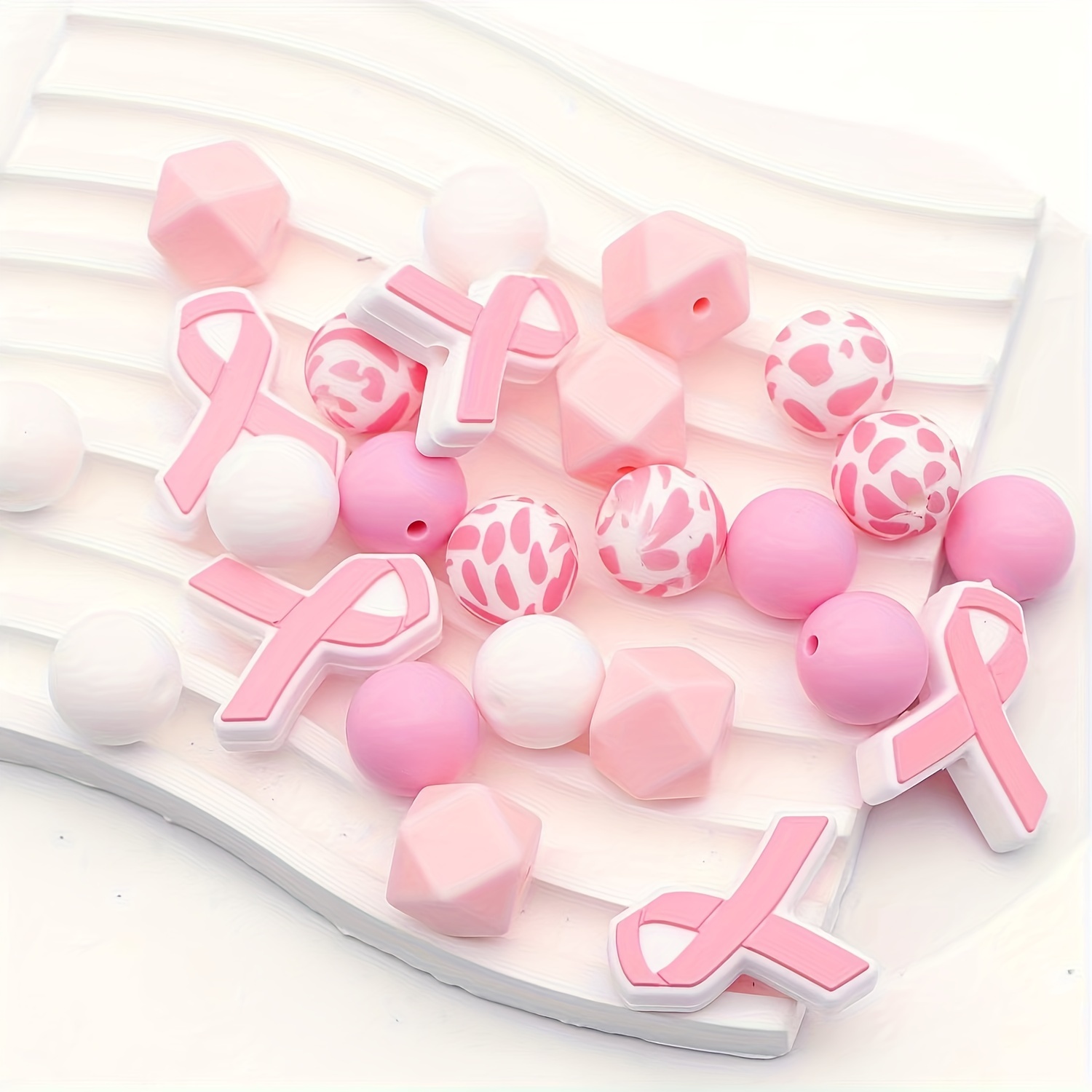 

Breast Cancer Awareness Diy Craft Set - Pink Ribbon Patterned & Solid Silicone Beads, Jewelry Making Kit With Charms, Keychain Accessories
