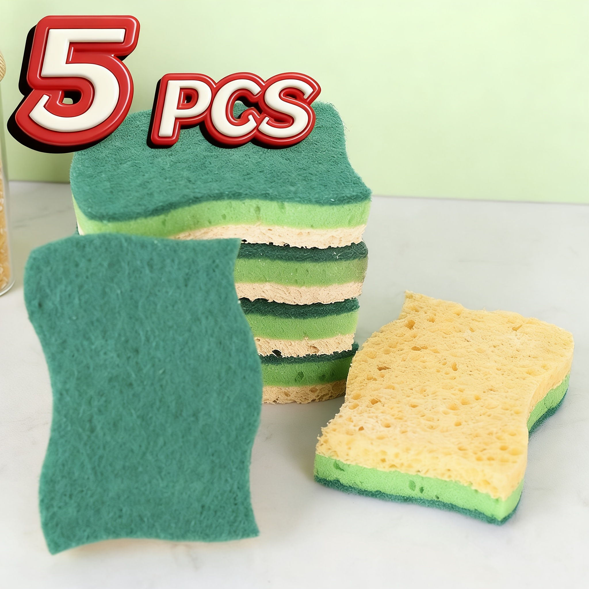 5pcs Kitchen Cleaning Sponges | Wood Scrubbers, Wavy Three-layer Design For Pots, Pans, Utensils - Ideal For Kitchen And Household Cleaning