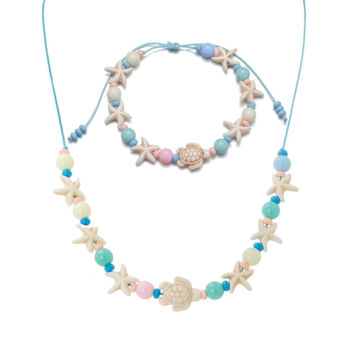 TEMU 2pcs Bohemian Resin Stone Coral Starfish Turtle Rice Bead Necklace Braided Bracelet Suitable For Daily Parties Summer Beach Vacation Wear