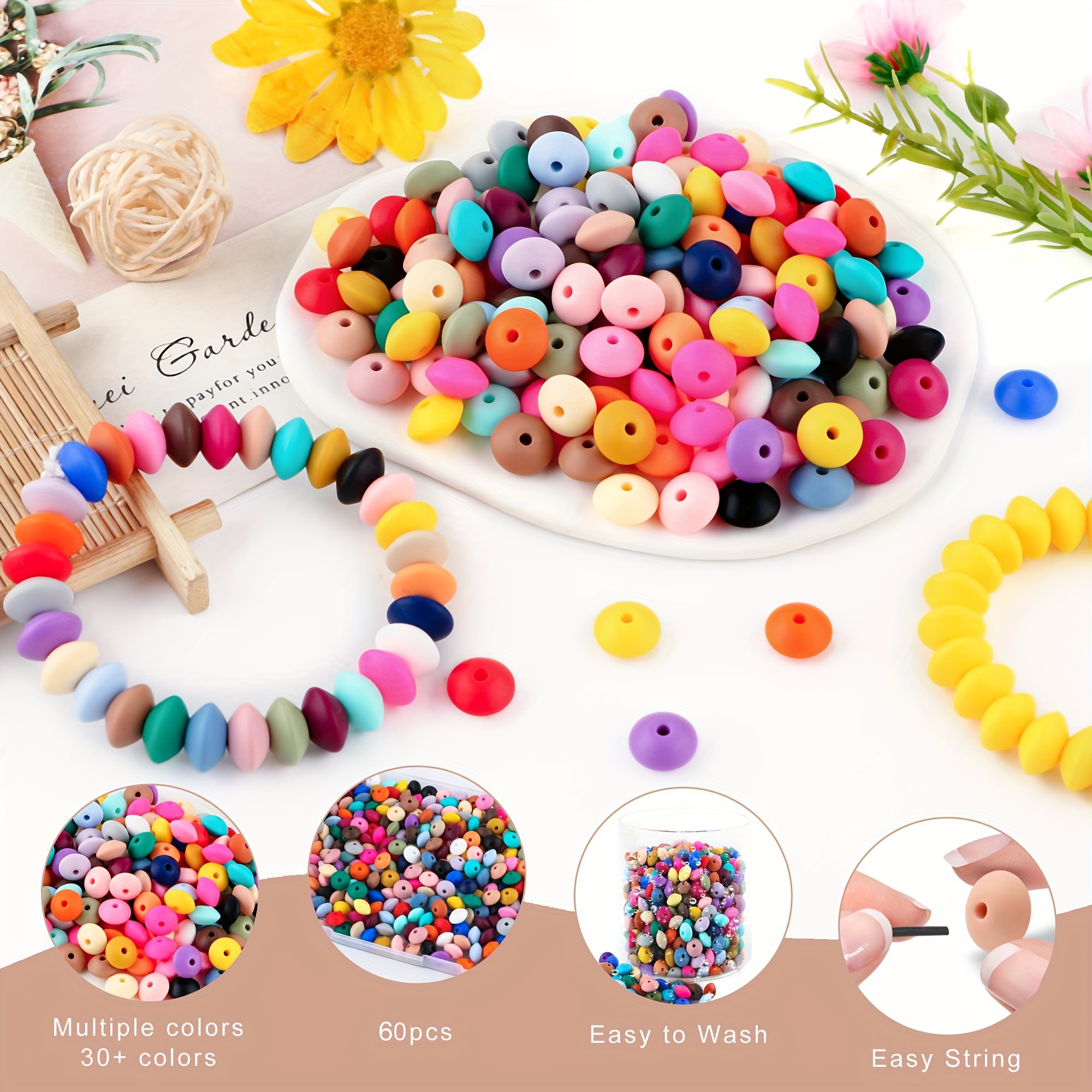 

Silicone Lentil Beads 60pcs 12mm - Multipurpose Bead Assortment For Diy Jewelry Making, Easy To String & Clean, Ideal For Bracelets, Keychains, Necklaces, And Craft Gifts