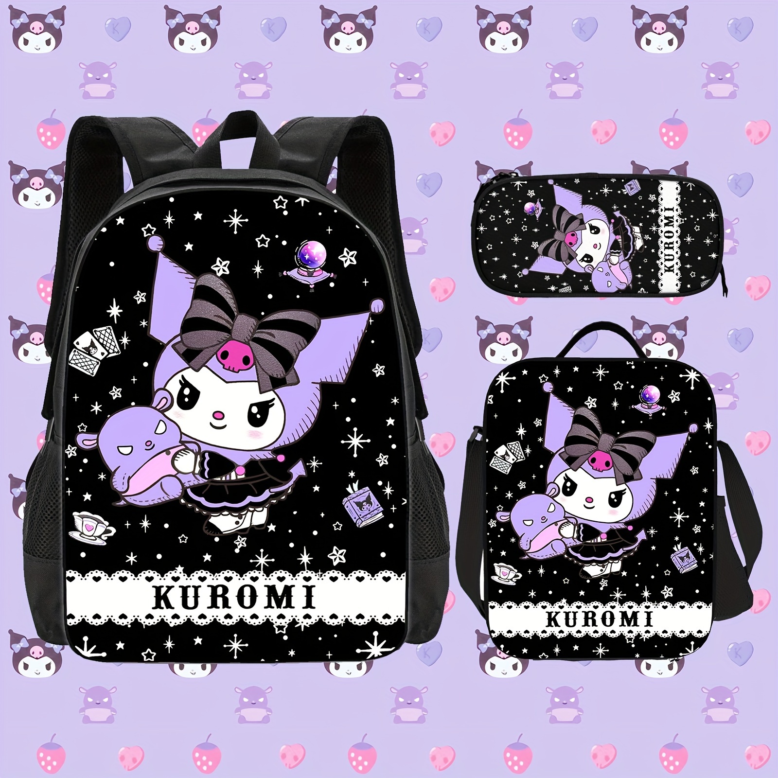 

Sanrio Backpack 3-piece Set, Including Kuromi 17-inch School Bag And Lunch Bag - Lightweight, Casual, Cute, And Spacious