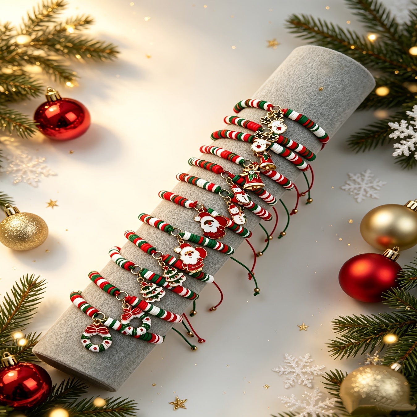 TEMU Set da 12 braccialetti con ciondoli regolabili vintage natalizi con , renna, , albero di Natale, e ghirlande, in /verde//, perline in argilla