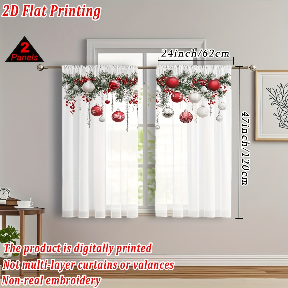 TEMU 2d Flat - 2d Flat - [2d Flat Printing], 2pcs, Christmas-themed Flat Printed Kitchen Sheer Curtains Featuring Christmas Ornaments, Berries, And