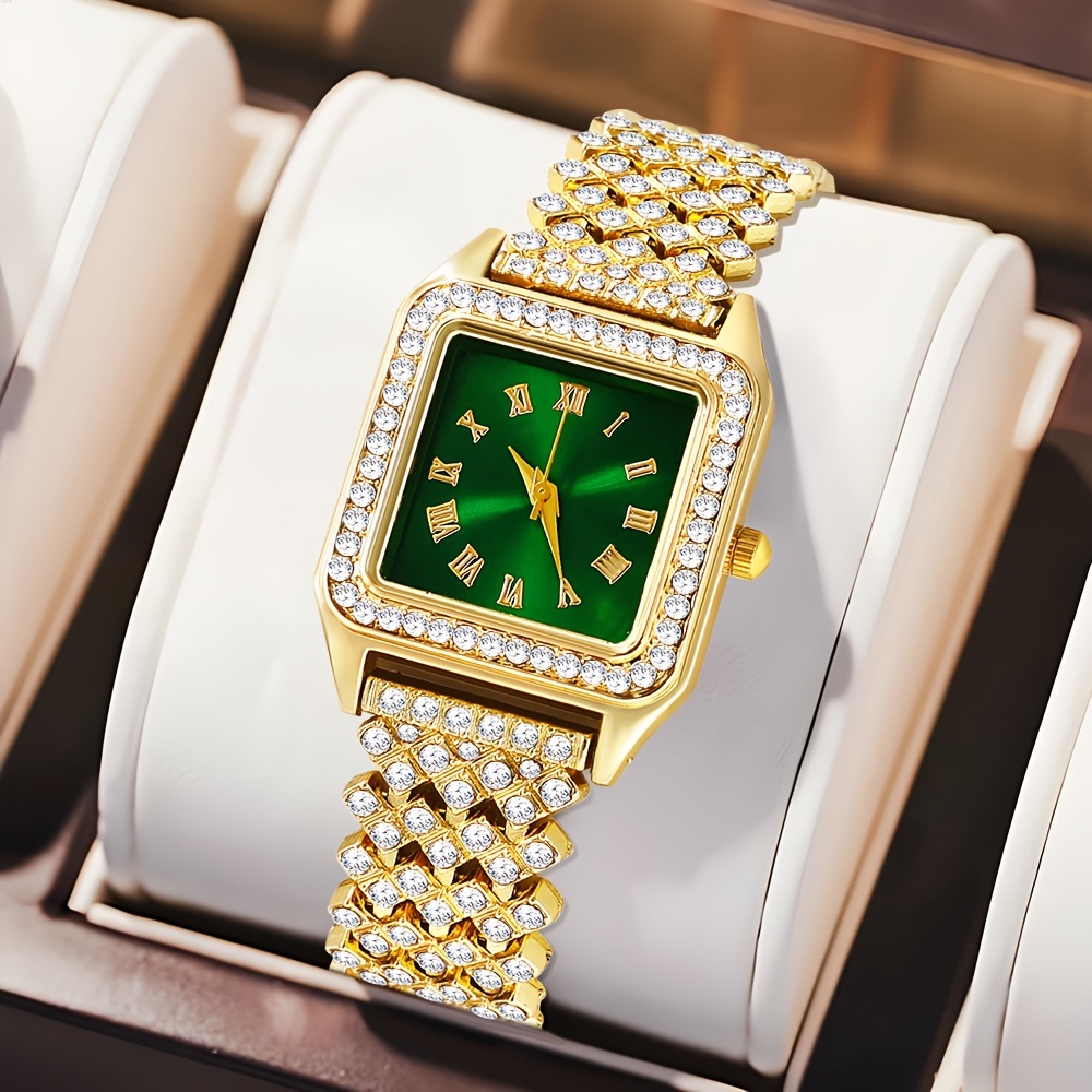 

Square Rhinestone Quartz Watch Zinc Alloy Strap Zinc Alloy Pointer Zinc Alloy Case Green Dial, Ideal Gift For Friends And Family