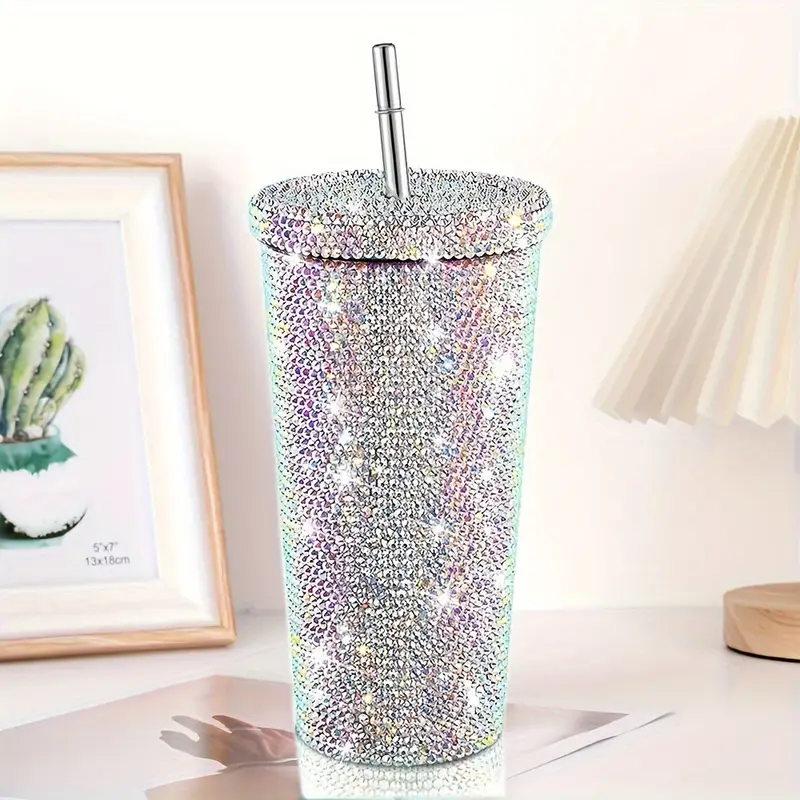luxury rhinestone embellished stainless steel tumbler insulated leakproof with lid for hot and cold drinks outdoor activities details 1