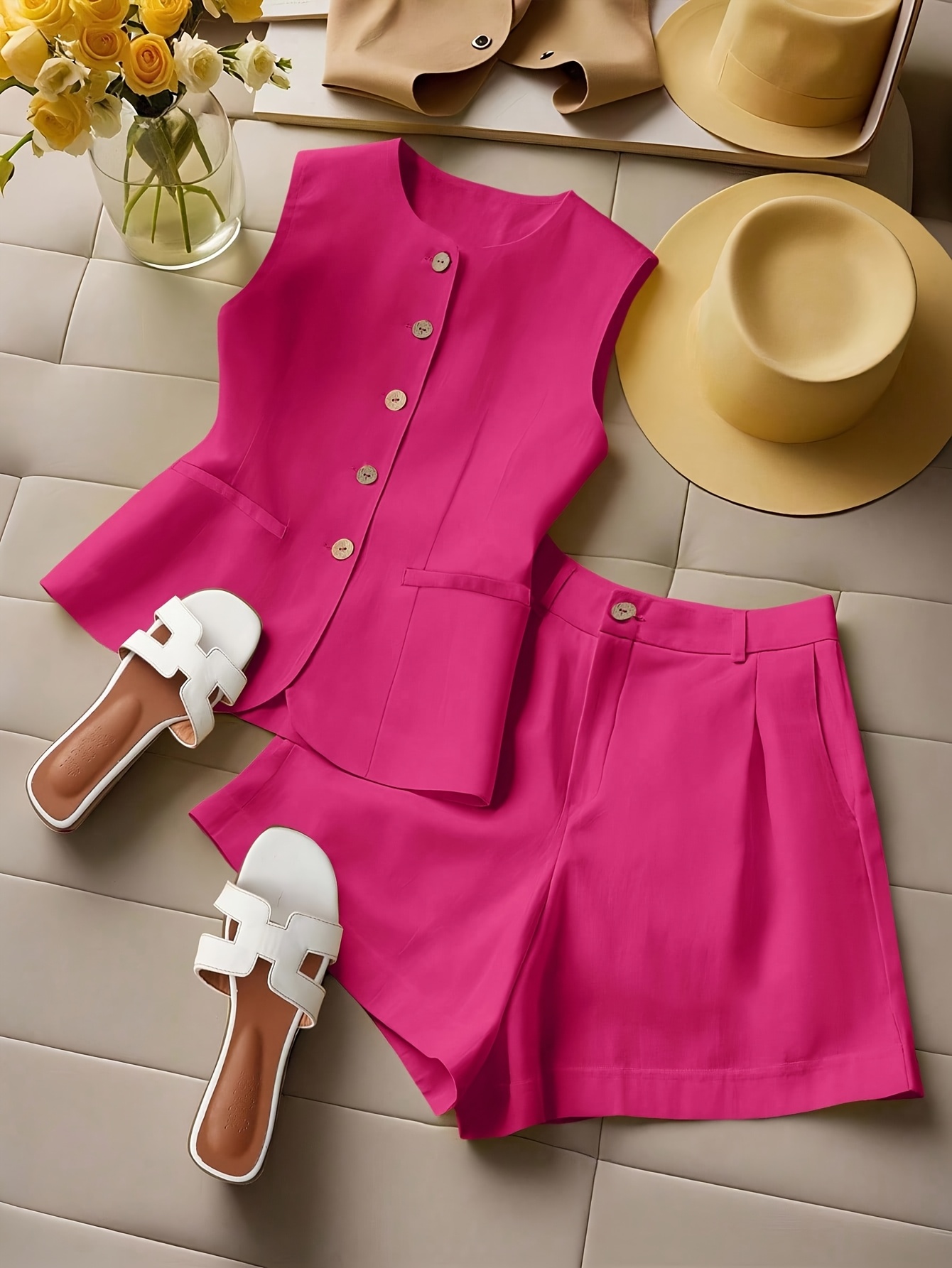 womens european and   spring summer multi color two piece vest and shorts set with pockets t02