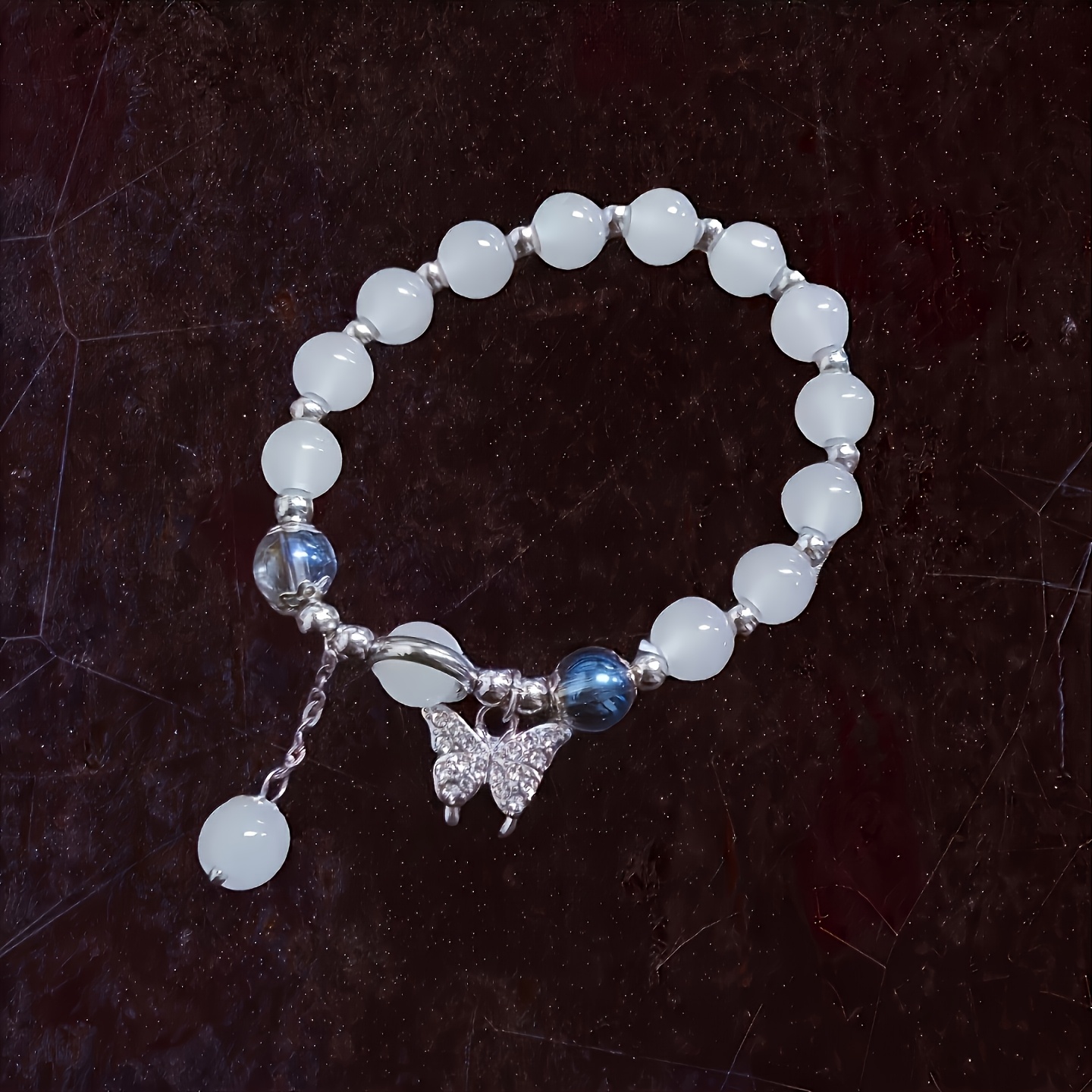Pulsera Elegante de Cuentas de Vidrio con Colgante de Estrella y Piedras Preciosas de Ojo de Gato Imitación - Joyería para Fiestas en Mármol Azul Transparente y Blanco para Mujeres, Día de San Valentín, Navidad, Regalo de Caléndula, Mayores de 15 Años