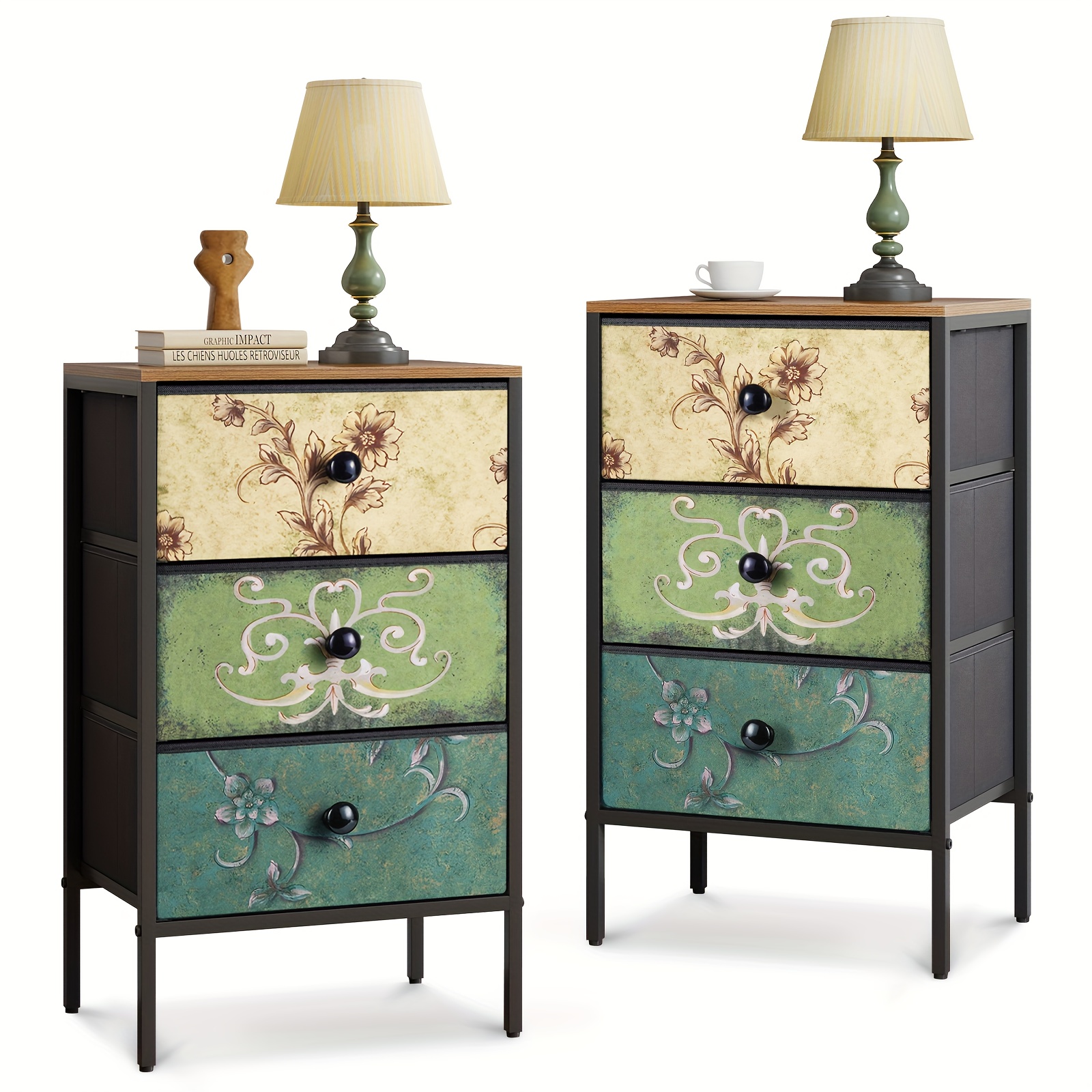 Nightstand Set of 2, Night Stand with Fabric Drawer, Mesh Shelf, Side Table with Storage, Fabric Drawer Dresser, Open Shelf, Metal Frame, Bedroom