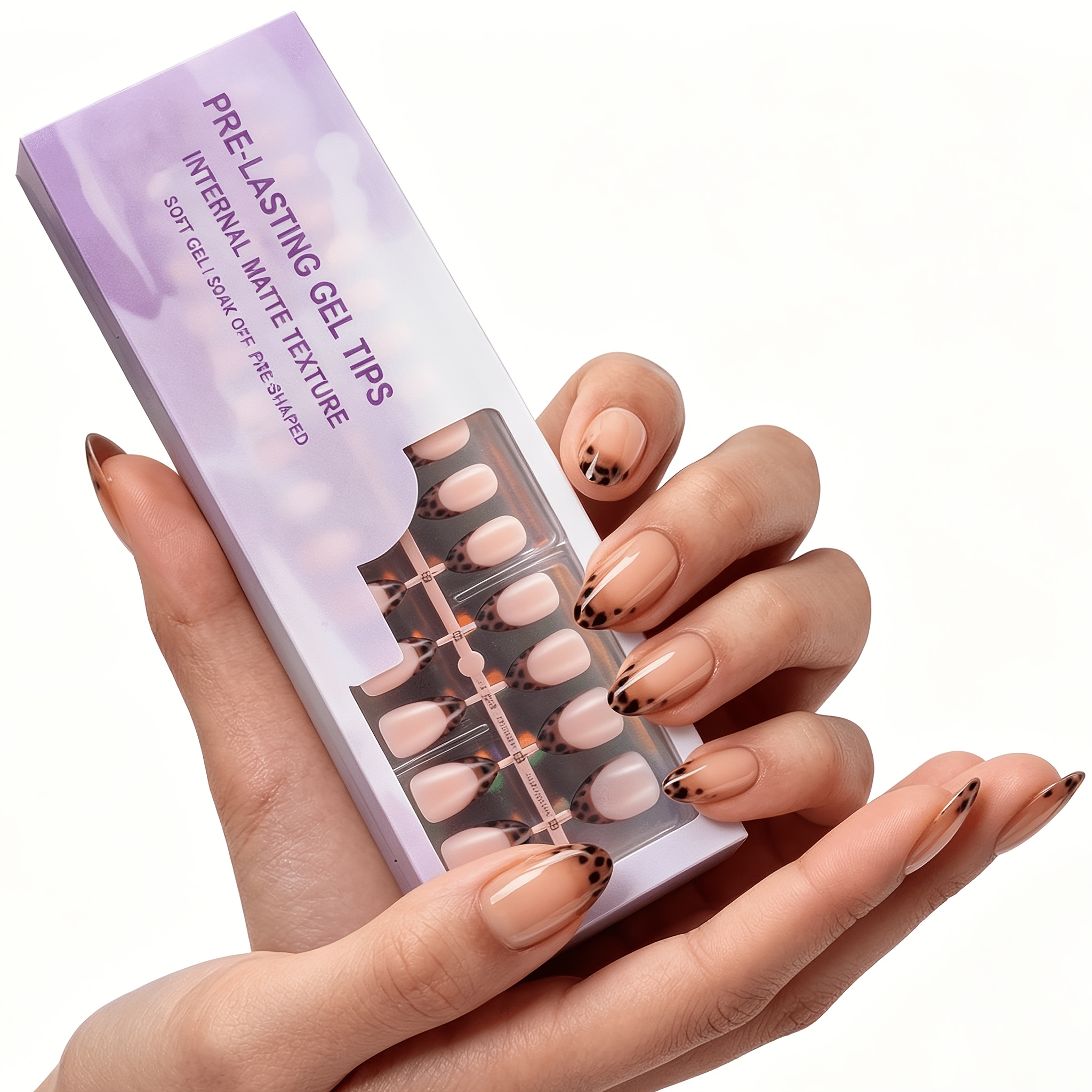 TEMU 150 stuks Bruine Franse Zachte Gel Press-On Nagels Korte Amandelvormige Nagel Set met Luipaardprint en Polka ; Beschikbaar in 15 Maten, Ideaal