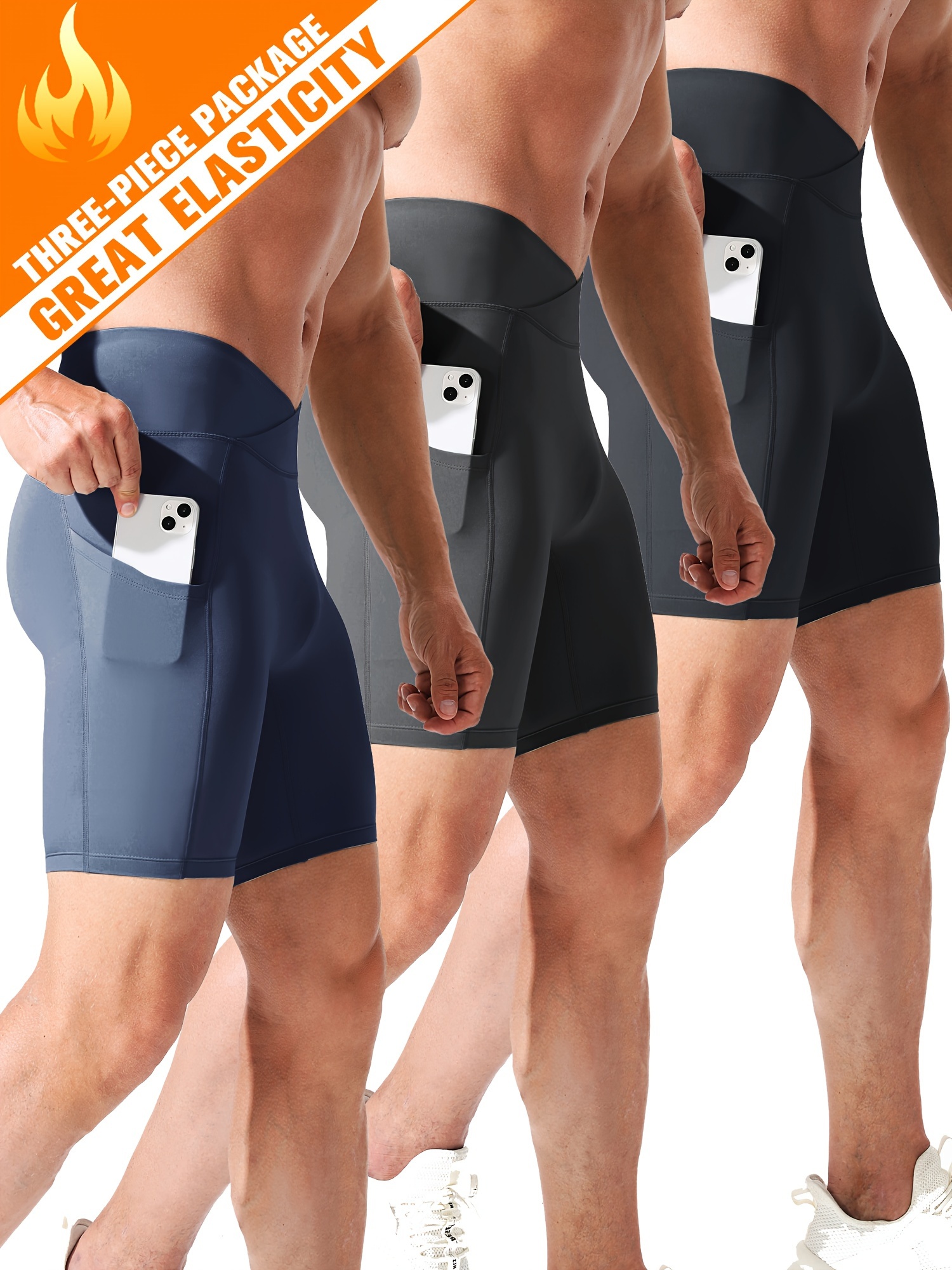 3pcs s High Breathable Compression Shorts with Pockets Quick Dry Moisture Wicking for Running Cycling