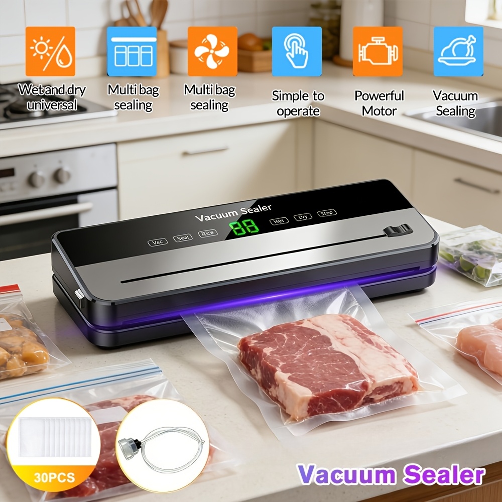 TEMU Automatic Vacuum Food Sealing Machine, Built-in Cutter, Comes With 30 Sealed Bags And 1 Vacuum Tube, Suitable For Food Preservation And Vacuum Low Temperature Cooking