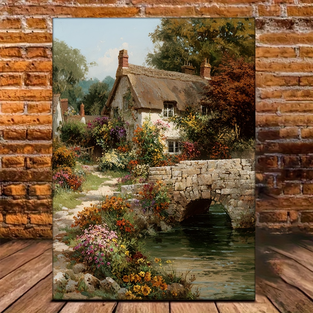 TEMU 2d Flat, 2d Flat Canvas Print, 1pc Unframed Vintage Canvas Print - Stone Cottages In Wall Art, Frameless 12x16inch (30x40cm) Stone-wall Texture