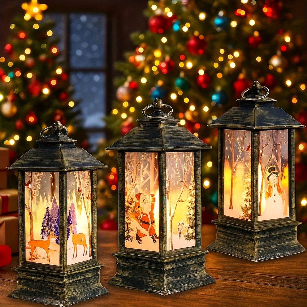 TEMU 3pcs Flameless Led Candles With Flickering Flame Effect, - Plug-free Indoor/ Christmas Lights - Santa, Snowman & Reindeer Lanterns With