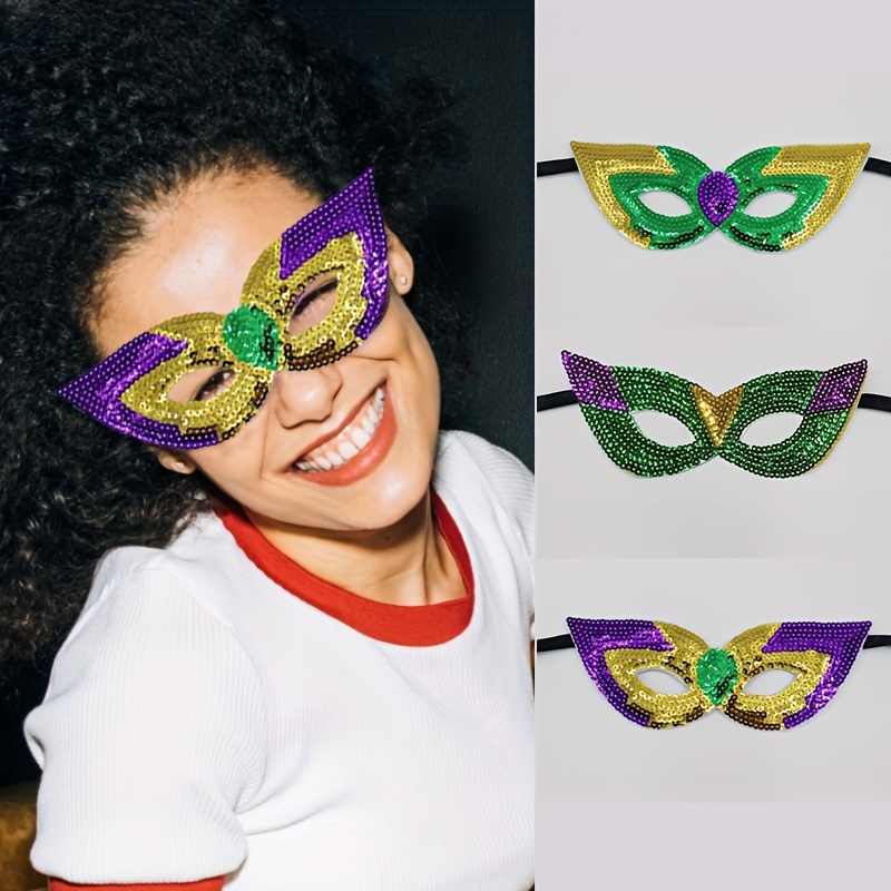 Máscaras de papel de Mardi Gras, máscaras faciales de desfile de carnaval,  máscaras faciales con purpurina verde, amarillo, morado, fiesta de