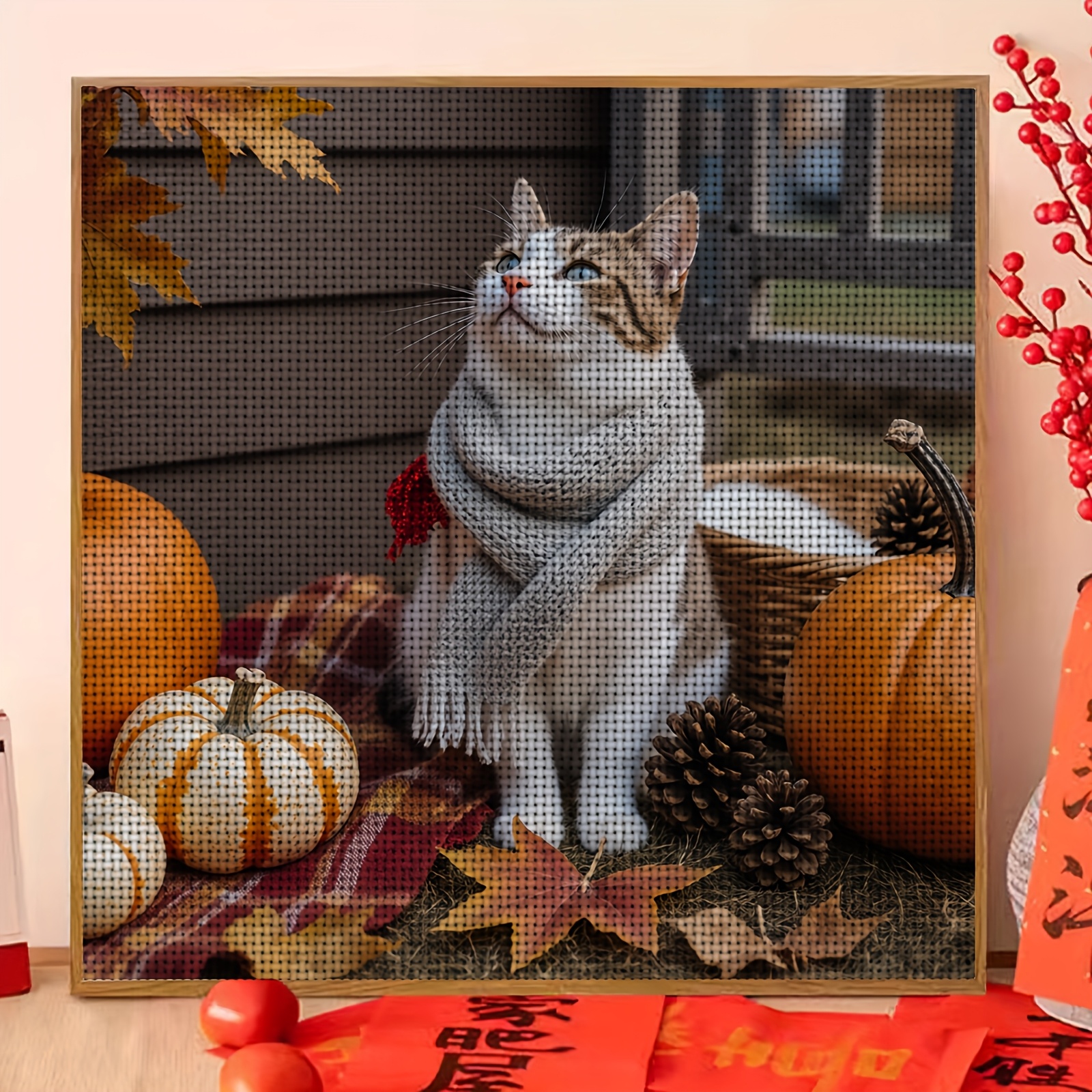 Beginner-Friendly Cross-Stitch Kit, Cute Cat Wearing Scarf