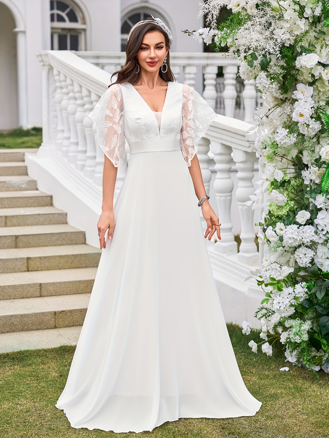 womens deep v light luxury embroidered lace sleeve long - Temu