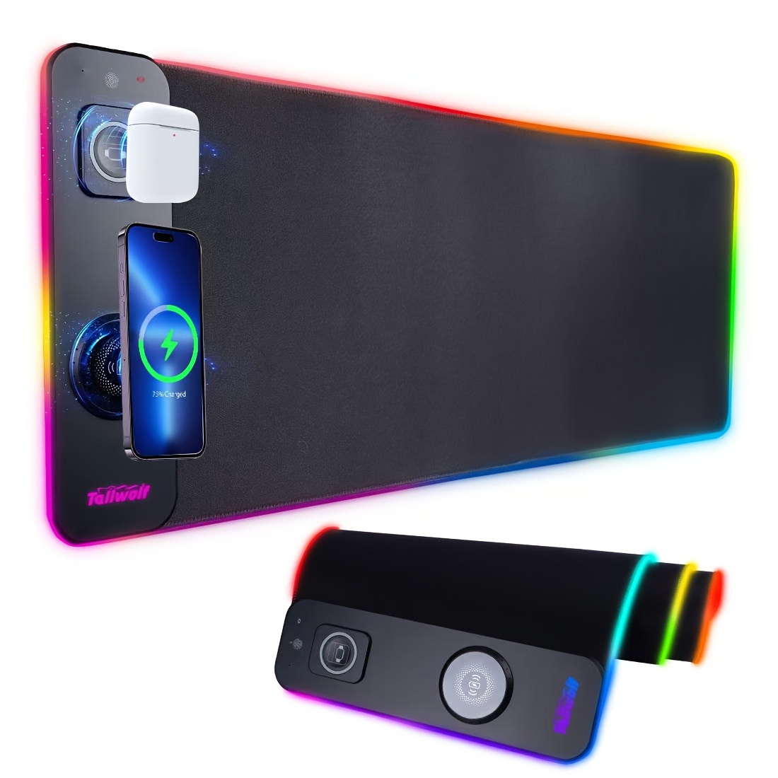 TEMU 3 In 1 Rechargeable Rgb Gaming Mouse Pad, 15w 10 Light , 800*300*4mm Led Magnetic Rechargeable Mouse, Desktop Pad For Qi Standard