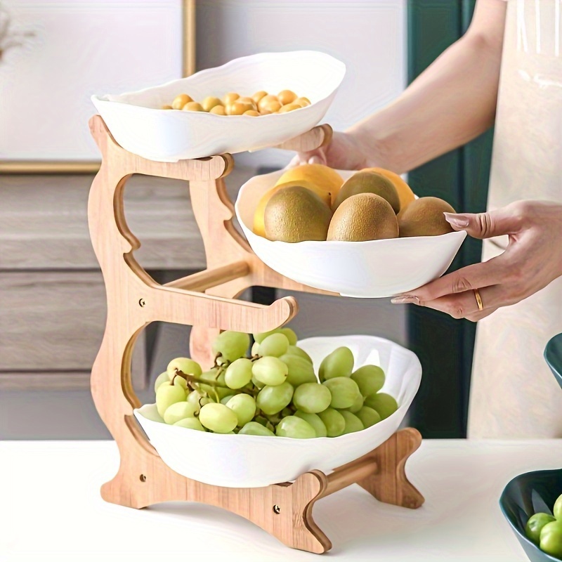 

Ins Nordic Creative Drop Resistant Plastic Fruit Plate Wooden Frame 3 Layer Fruit Plate Living Room Fruit Pot