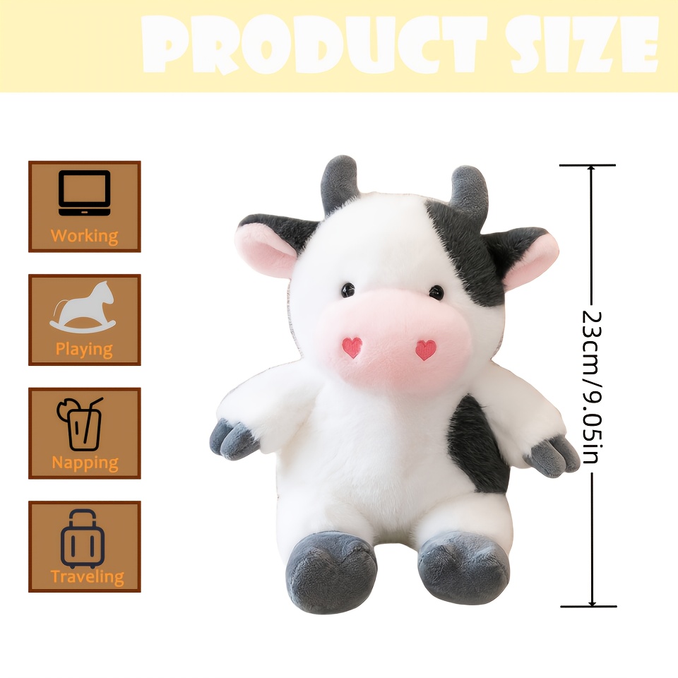 große kawaii kuh plüschtier - 23cm/9,05in weiches kuscheltier mit flauschigem kuhkörper, weihnachts- geburtstagsgeschenk, deko, schlafkamerabegleiter, gemütliche wohnaccessoires